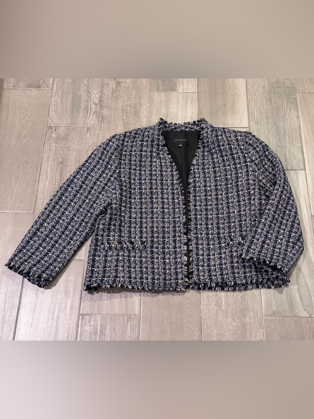 Ann Taylor Factory Navy Cream Black Tweed Fringe Jacket Blazer Size 18
